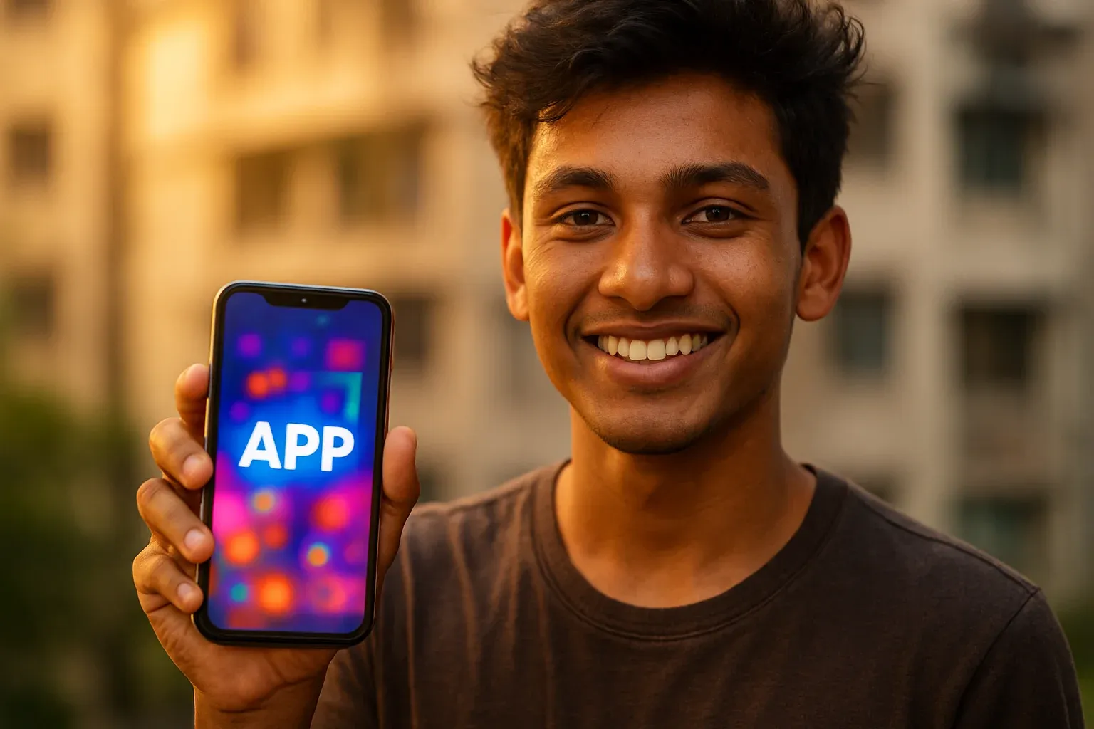 Smiling young Bangladeshi man holding smartphone with colorful gaming app screen