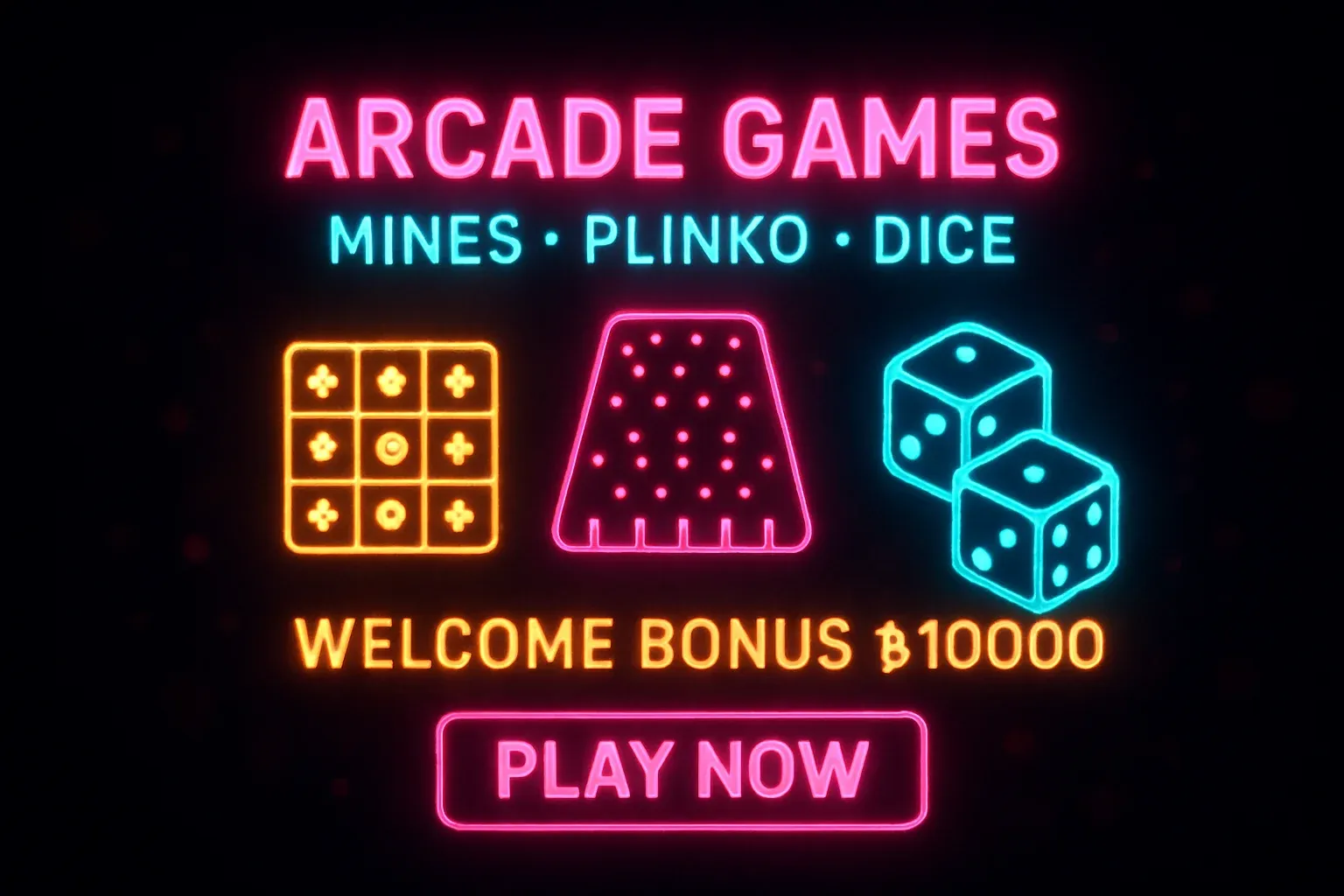 Neon arcade games banner with mines, plinko, dice, and play button
