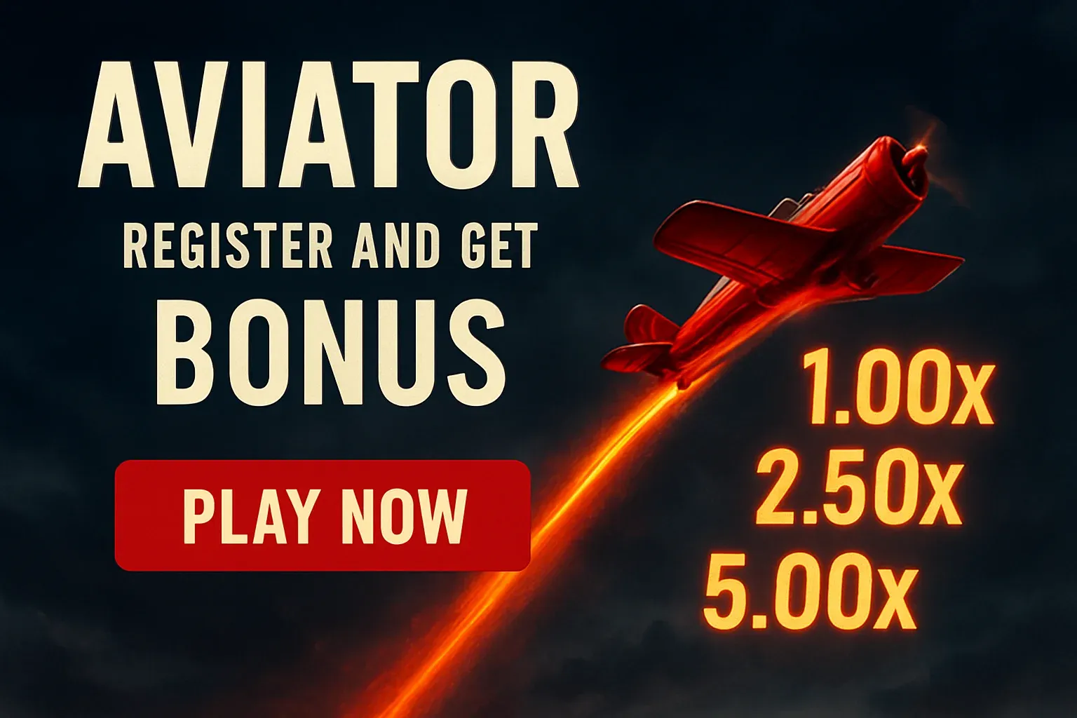 Aviator crash game banner with red plane, multipliers, and play button