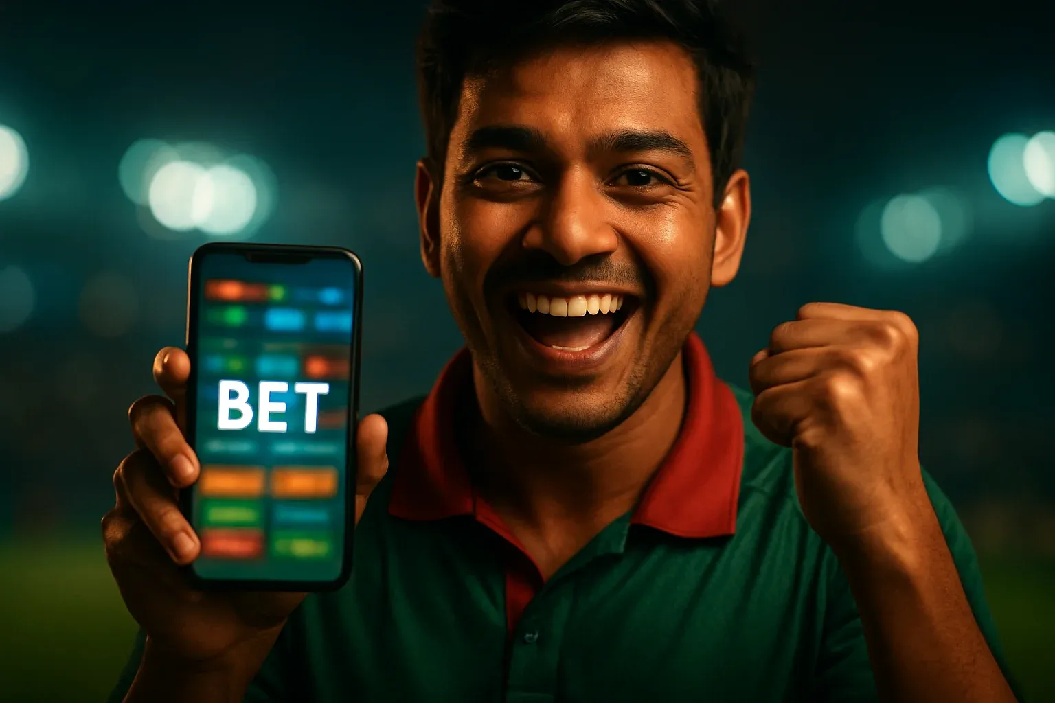 Excited Bangladeshi man holding smartphone with sports betting screen and cheering