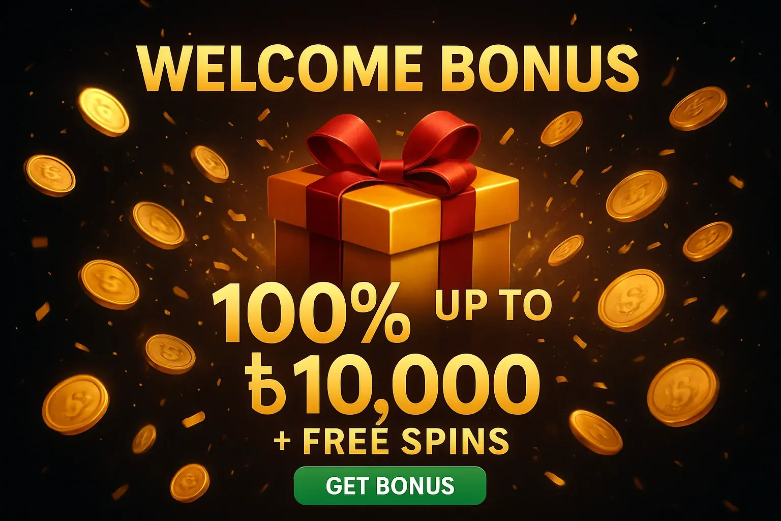 Casino welcome bonus banner with gift box, coins, confetti, and CTA