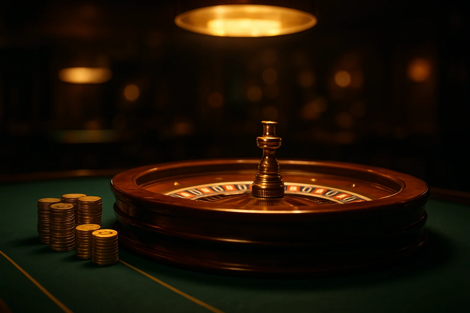 Elegant live casino table with glowing roulette wheel and golden chips