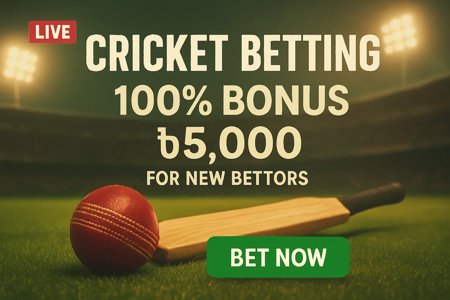 Cricket betting banner with stadium, bat, ball, bonus, and live badge