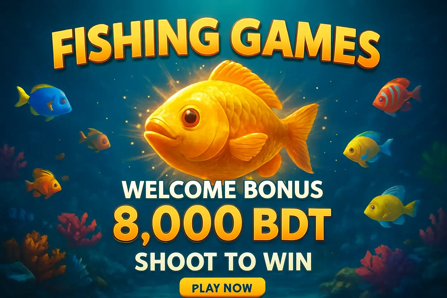Fishing arcade banner with bonus offer, tropical fish, and play button