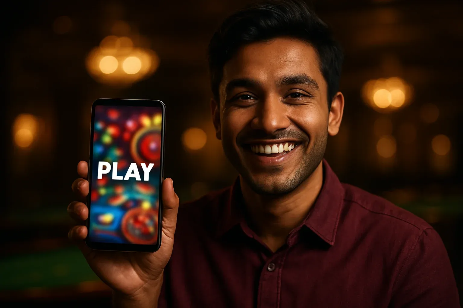 Cheerful young Bangladeshi man holding smartphone showing colorful gaming app play screen
