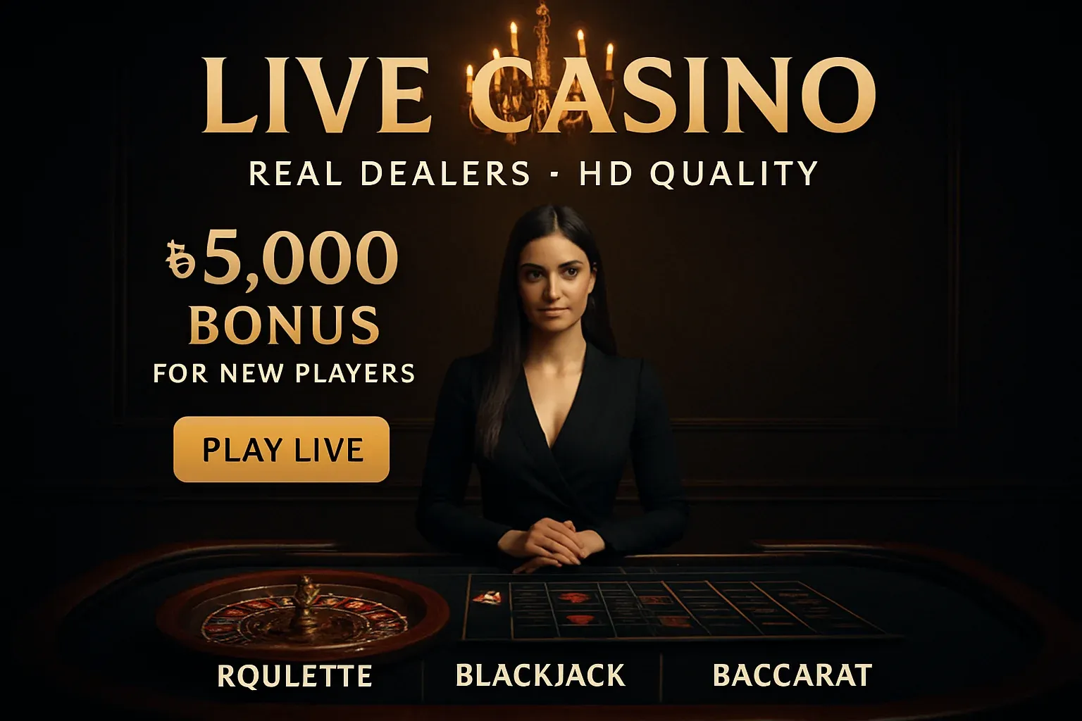 Live casino banner with female dealer, roulette, bonus, and gold CTA