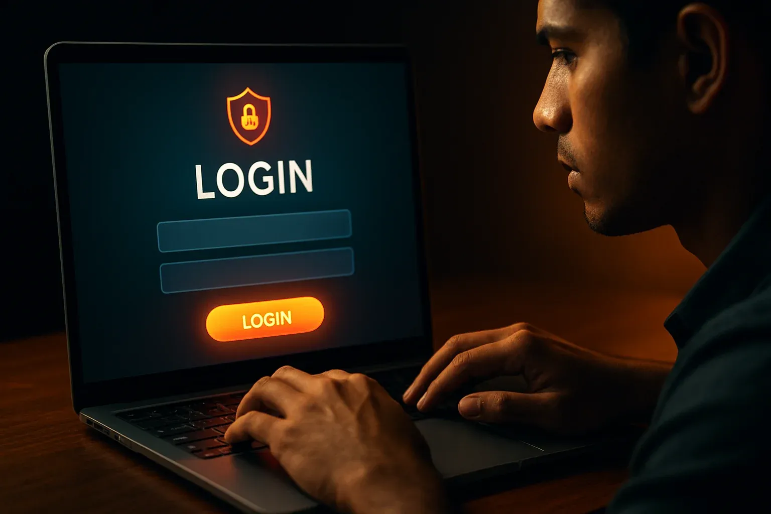 Young Bangladeshi man's hands on laptop showing glowing login screen