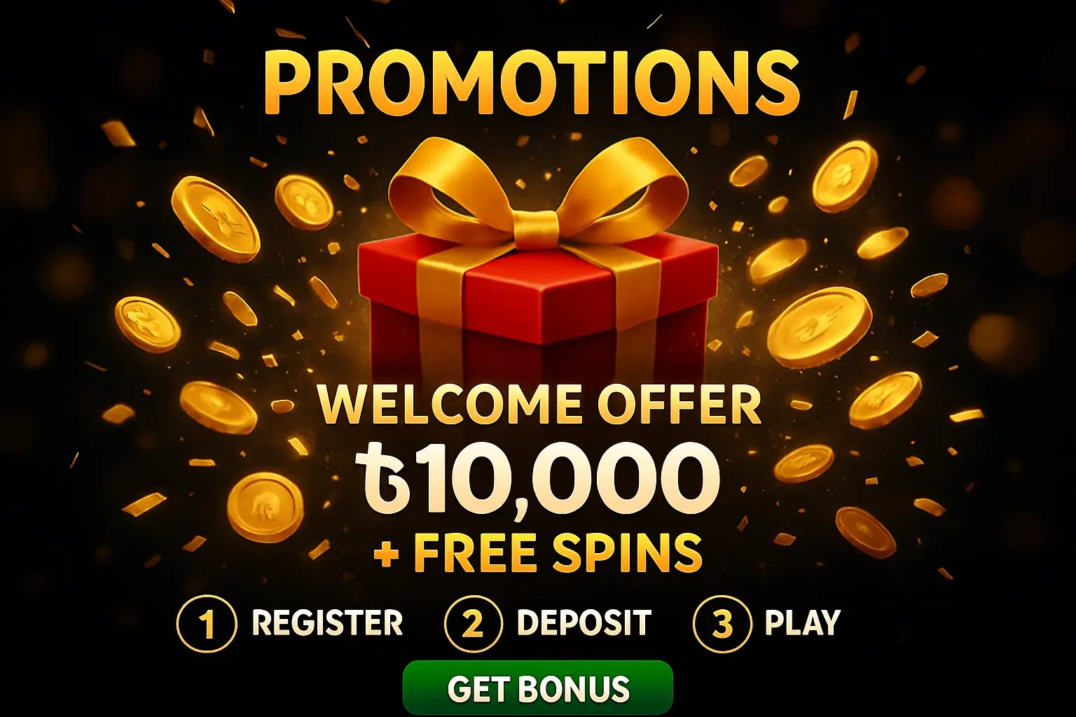 Casino promotions banner with gift box, golden coins, confetti, and CTA