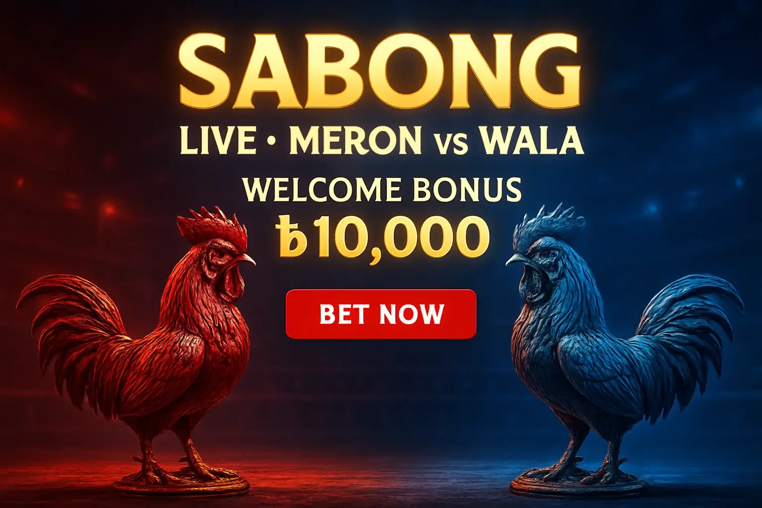 Live sabong banner with decorative rooster figurines and bonus offer