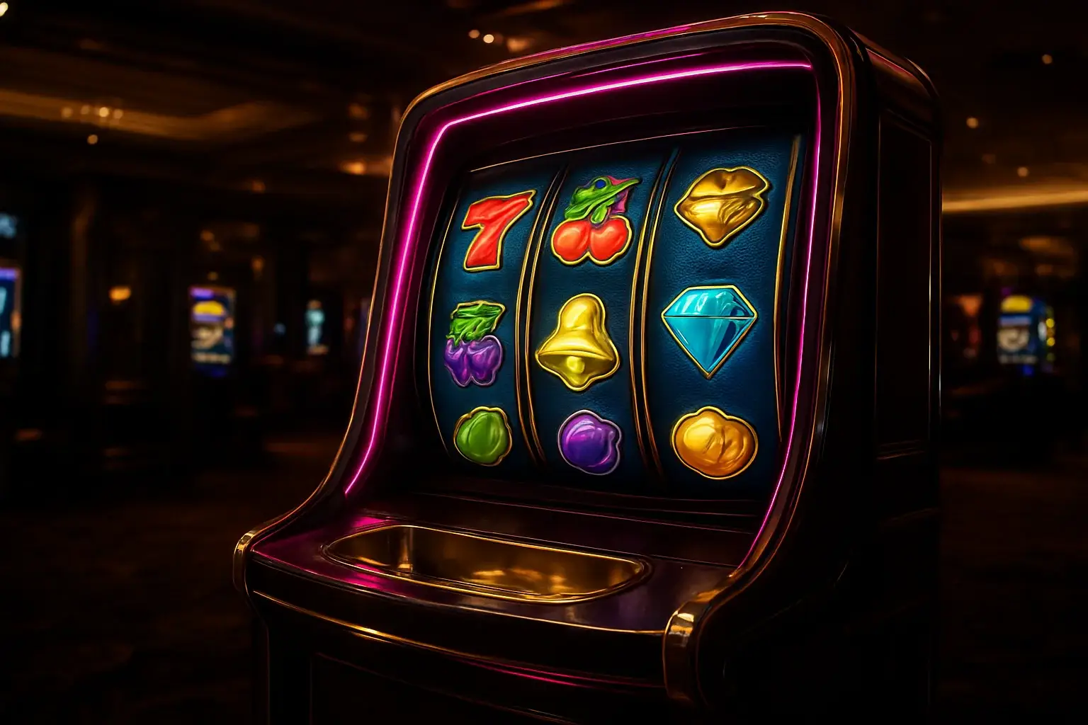 Hyperrealistic premium slot machine with three vertical reels in luxury casino